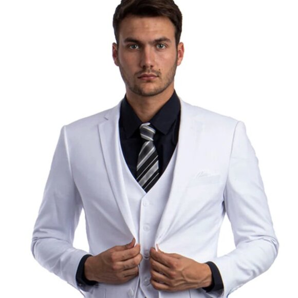 White Wedding Suit For Men - Perfect For Groom - Men's Two Button Slim Fit Veste - Picture 1 of 2